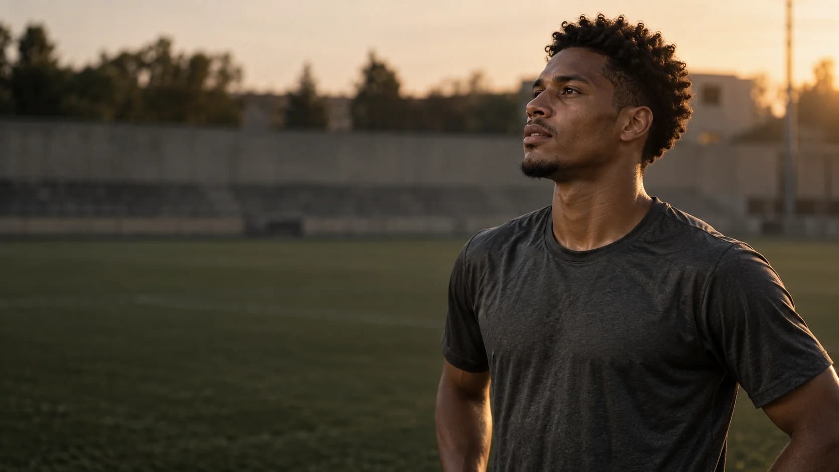 Athlet nach dem Training auf einem Sportplatz im Abendlicht